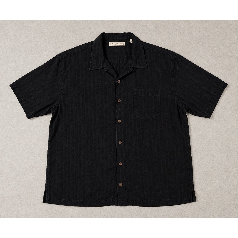 Tommy Bahama Mens XL Black 100% Silk Shadow Stripe Short Sleeve Camp Shirt